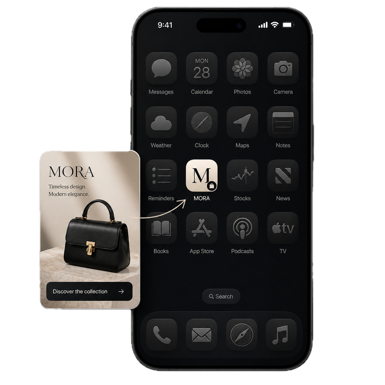 An iPhone home screen with the MORA app icon prominent among other brand apps, the customer's shortest path back to the store.